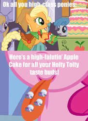 Size: 500x687 | Tagged: safe, edit, edited screencap, screencap, applejack, cloud kicker, hoity toity, lightning bolt, lyra heartstrings, pinkie pie, white lightning, pegasus, pony, g4, the best night ever, cake, clothes, dress, female, gala dress, image macro, mare, pun, quote, tongue out, visual pun