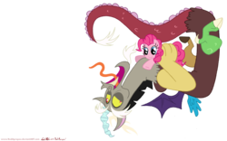 Size: 3645x2278 | Tagged: safe, artist:redapropos, discord, pinkie pie, g4, derp, duo, faic, happy, hug, simple background, smiling, spread wings, tongue out, transparent background, upside down, wings