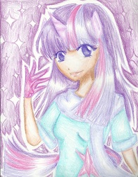 Size: 1699x2165 | Tagged: safe, artist:tiffany1221, twilight sparkle, human, g4, dark skin, eared humanization, female, horn, horned humanization, humanized, solo, traditional art