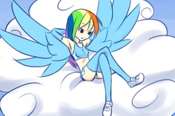 Size: 600x400 | Tagged: safe, artist:drantyno, rainbow dash, human, g4, armpits, ass, butt, clothes, cloud, female, humanized, midriff, shoes, shorts, sneakers, solo, sports bra, stockings, thigh highs, winged humanization