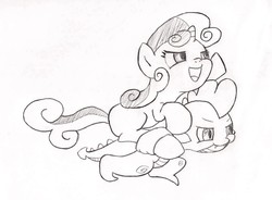 Size: 1829x1349 | Tagged: safe, artist:shoeunit, spike, sweetie belle, g4, carrying, female, lineart, male, monochrome, piggyback ride, ship:spikebelle, shipping, straight