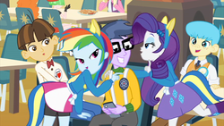 Size: 853x480 | Tagged: safe, screencap, bright idea, drama letter, golden hazel, micro chips, nolan north, rainbow dash, rarity, watermelody, wiz kid, equestria girls, g4, my little pony equestria girls, background human, dancing, lucky bastard, out of context, singing, table, wondercolts