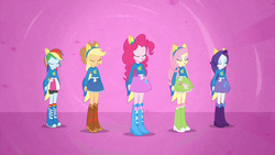 Size: 853x480 | Tagged: safe, screencap, applejack, fluttershy, pinkie pie, rainbow dash, rarity, equestria girls, g4, my little pony equestria girls, boots, female, helping twilight win the crown, high heel boots, shoes, wondercolts