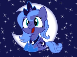 Size: 944x704 | Tagged: safe, artist:askfirefly-23, artist:nekosnicker, princess luna, g4, chest fluff, cute, female, filly, happy, moon, solo, stars, woona