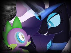 Size: 4297x3200 | Tagged: safe, artist:iflysna94, nightmare rarity, spike, alicorn, dragon, pony, g4, age difference, duo, duo male and female, female, hand, high res, hypno eyes, hypnosis, hypnotized, kaa eyes, male, mind control, rapity, ship:nightmare sparity, straight