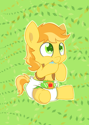 Size: 883x1248 | Tagged: safe, artist:artiecanvas, braeburn, earth pony, pony, g4, baby, baby pony, braeby, cutie mark diapers, diaper, foal, male, poofy diaper, solo