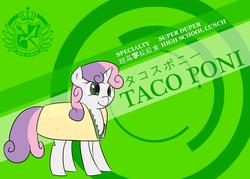 Size: 2780x1989 | Tagged: safe, artist:outcast010, sweetie belle, pony, g4, clothes, costume, danganronpa, female, food, parody, ponies in food, solo, taco, taco belle, taco suit