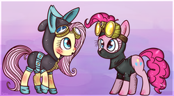 Size: 1112x612 | Tagged: safe, artist:flarities, fluttershy, pinkie pie, earth pony, pegasus, pony, g4, blushing, bunny ears, clothes, dangerous mission outfit, duo, female, goggles, hoodie, mare, ninja, pinkie spy