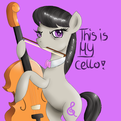 Size: 1200x1200 | Tagged: safe, artist:lisa400, octavia melody, earth pony, pony, g4, angry, bipedal, cello, female, mare, mouth hold, musical instrument, purple background, simple background, solo