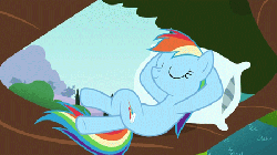 Size: 450x253 | Tagged: safe, screencap, rainbow dash, g4, may the best pet win, animated, animation error, female, pillow, solo, tree
