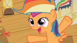 Size: 1280x720 | Tagged: safe, screencap, rainbow dash, scootaloo, pegasus, pony, g4, season 2, the mysterious mare do well, cute, cutealoo, female, filly, rainbow wig, solo, wig