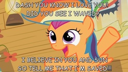 Size: 1280x720 | Tagged: safe, rainbow dash, scootaloo, g4, comic sans, female, image macro, jesus christ superstar, lyrics, music, musical, simon the zealot, solo, text, zealotry