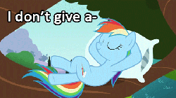 Size: 450x253 | Tagged: safe, edit, edited screencap, screencap, rainbow dash, g4, may the best pet win, animated, female, gif, image macro, meme, pillow, reaction image, relaxing, sad, smiling, solo, text, tree