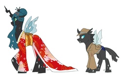 Size: 1221x767 | Tagged: dead source, safe, artist:mr-tiaa, queen chrysalis, changeling, changeling queen, g4, alternate hairstyle, clothes, dress, fashion, female, kimono (clothing), military uniform, simple background, white background