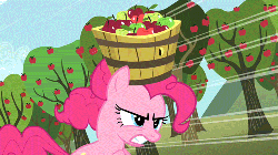 Size: 500x281 | Tagged: safe, screencap, pinkie pie, g4, season 2, the super speedy cider squeezy 6000, animated, apple, apple tree, bucket, female, food, gritted teeth, lidded eyes, loop, running, solo, speed lines, sweet apple acres, tree