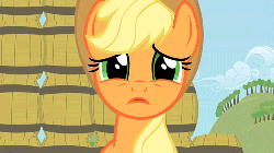 Size: 500x281 | Tagged: safe, screencap, applejack, pony, g4, season 2, the super speedy cider squeezy 6000, animated, barrel, female, looking at you, solo
