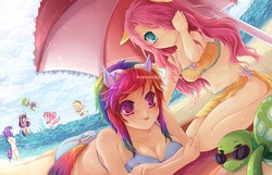 Size: 960x620 | Tagged: safe, artist:oceanchan, applejack, fluttershy, pinkie pie, rainbow dash, rarity, spike, tank, twilight sparkle, human, g4, adorasexy, beach, bikini, breasts, busty rainbow dash, clothes, cute, eared humanization, goggles, humanized, nail polish, sexy, sunglasses, swimsuit, tailed humanization, tongue out, umbrella