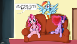 Size: 1331x759 | Tagged: dead source, safe, artist:reikomuffin, pinkie pie, rainbow dash, twilight sparkle, earth pony, pegasus, pony, unicorn, g4, controller, couch, covering, eating, magic, playing, popcorn, team fortress 2, television, text, tongue out, trio, video game