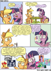 Size: 944x1294 | Tagged: safe, artist:capnpea, apple bloom, applejack, pinkie pie, spike, twilight sparkle, alicorn, earth pony, pony, comic:three apples, g4, advertisement, behind the scenes, comic, female, fourth wall, mare, no pupils, twilight sparkle (alicorn), wing hands