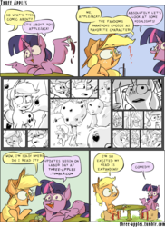 Size: 944x1294 | Tagged: safe, artist:capnpea, applejack, twilight sparkle, alicorn, earth pony, pony, comic:three apples, g4, comic, duo, duo female, female, mare, no pupils, sitting, sneak peek, twilight sparkle (alicorn), wing hands