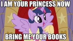 Size: 960x540 | Tagged: safe, edit, edited screencap, screencap, twilight sparkle, alicorn, pony, g4, magical mystery cure, season 3, book, clothes, coronation dress, dress, female, i am your god now bring me your virgins, image macro, mare, solo, that pony sure does love books, twilight sparkle (alicorn)