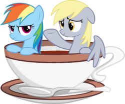 Size: 3469x2866 | Tagged: safe, artist:crimsonlynx97, derpy hooves, rainbow dash, pegasus, pony, g4, cup, cup of pony, drink, duo, frown, micro, rainbow dash is not amused, simple background, spoon, tea, teacup, transparent background, unamused, vector