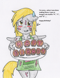 Size: 521x673 | Tagged: safe, artist:raijinsenshi, derpy hooves, anthro, g4, apron, birthday cake, cake, clothes, female, messy, naked apron, solo, sweatdrop, traditional art