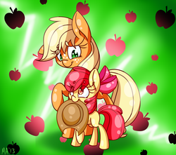 Size: 1700x1500 | Tagged: safe, artist:lemon-heartss, apple bloom, applejack, earth pony, pony, g4, accessory theft, female, filly, foal, mare, mouth hold, sisters