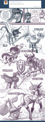 Size: 700x1887 | Tagged: safe, artist:johnjoseco, derpy hooves, princess celestia, princess luna, shining armor, trixie, twilight sparkle, alicorn, dwarf, earth pony, elf, pegasus, pony, unicorn, ask princess molestia, gamer luna, princess molestia, g4, amazon, armor, ask, axe, battle axe, butt, clothes, comic, cosplay, costume, dragon's crown, female, fighter, magic staff, male, mare, plot, shield, simple background, sorceress, stallion, sunbutt, the ass was fat, video game, weapon, white background, wing hands, wing hold, wizard