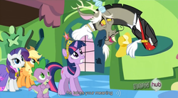 Size: 849x469 | Tagged: safe, screencap, applejack, discord, rarity, spike, twilight sparkle, g4, keep calm and flutter on, big crown thingy, meme, youtube caption