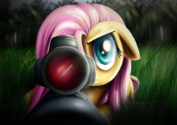 Size: 900x636 | Tagged: dead source, safe, artist:xioade, fluttershy, pegasus, pony, g4, female, floppy ears, flutterbadass, grass, gun, looking at you, lying down, mare, optical sight, prone, rifle, scope, sniper, sniper rifle, snipershy, solo, weapon