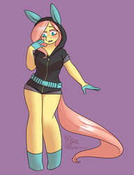Size: 812x1060 | Tagged: safe, artist:bunnyc4ke, fluttershy, anthro, unguligrade anthro, g4, blushing, bunny ears, clothes, dangerous mission outfit, female, hoodie, solo
