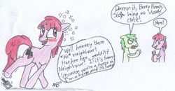 Size: 4610x2389 | Tagged: safe, artist:stormbadger, berry punch, berryshine, oc, oc:vignette inkhoof, g4, alcohol, blushing, drunk, drunk bubbles, horse puns, terrible drunk jokes