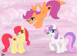 Size: 1100x800 | Tagged: safe, artist:elana-louise, apple bloom, scootaloo, sweetie belle, g4, cutie mark crusaders, older, speedpaint available