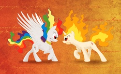 Size: 1500x917 | Tagged: safe, artist:celestiathegreatest, rainbow dash, twilight sparkle, rapidash, g4, angry, duo, element of loyalty, eye contact, fight, fire, fire head, glare, gritted teeth, male, mane of fire, rage-shift, rainbow fire, raised hoof, rapidash twilight, sonic the hedgehog, sonic the hedgehog (series), spread wings, super rainbow dash