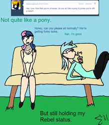 Size: 782x892 | Tagged: safe, artist:sigmatheartist, bon bon, lyra heartstrings, sweetie drops, human, ask ponies as humans, g4, clothes, dress, horn, horned humanization, humanized, tumblr