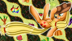 Size: 1000x571 | Tagged: safe, artist:ciscoql, applejack, g4, carrot, cherry, corn, eggplant, female, orange, pear, pumpkin, solo, strawberry, watermelon, zap apple