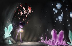 Size: 1024x655 | Tagged: safe, artist:octomoparalysis, twilight sparkle, alicorn, pony, g4, cave, crystal, female, glowing, lantern, mare, solo, twilight sparkle (alicorn)