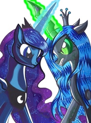 Size: 452x607 | Tagged: safe, artist:aurora-chiaro, princess luna, queen chrysalis, alicorn, changeling, changeling queen, pony, g4, crossed horns, fangs, female, glowing horn, horn, horns are touching, magic, stare down