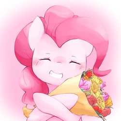 Size: 800x800 | Tagged: safe, artist:pukapukapu, pinkie pie, earth pony, pony, g4, blushing, bouquet, bust, cute, diapinkes, eyes closed, female, flower, mare, smiling, solo