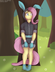 Size: 985x1292 | Tagged: safe, artist:jobo37, artist:joey darkmeat, fluttershy, anthro, g4, bunny ears, clothes, dangerous mission outfit, female, goggles, hoodie, socks, solo