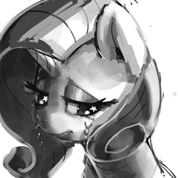 Size: 750x750 | Tagged: safe, artist:mewball, rarity, g4, crying, female, grayscale, monochrome, portrait, sad, simple background, solo