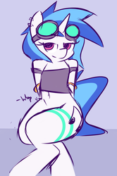 Size: 897x1352 | Tagged: safe, artist:whoop, dj pon-3, vinyl scratch, pony, unicorn, semi-anthro, g4, bedroom eyes, blue background, bottomless, clothes, female, goggles, looking at you, mare, simple background, sitting, smiling, solo