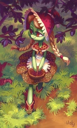 Size: 2605x4311 | Tagged: safe, artist:holivi, granny smith, earth pony, anthro, g4, adorasmith, bonnet, clothes, cottagecore, cute, daily deviation, female, solo, tree, young granny smith, younger