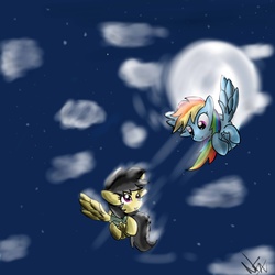 Size: 5000x5000 | Tagged: safe, artist:jubrony, daring do, rainbow dash, g4, absurd resolution, cloud, cloudy, duo, flying, moon, night