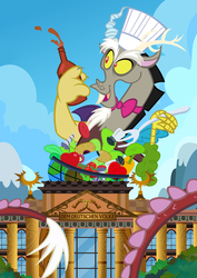 Size: 800x1132 | Tagged: safe, artist:pixelkitties, discord, draconequus, g4, berlin, building, chef's hat, food, germany, hat, macro, male, pixelkitties' brilliant autograph media artwork, reichstag, salad, solo