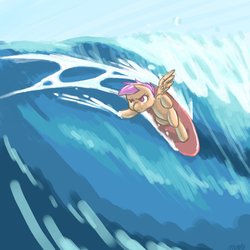 Size: 900x900 | Tagged: safe, artist:thereturnofmuabo, scootaloo, pony, g4, bipedal, female, solo, surfing