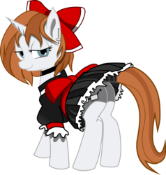 Size: 1940x2039 | Tagged: safe, artist:negaren, oc, oc only, pony, unicorn, bow, butt, clothes, cross, female, maid, mare, plot, rule 63, solo