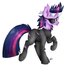 Size: 2200x2000 | Tagged: safe, artist:shyshyoctavia, twilight sparkle, pony, unicorn, g4, catsuit, clothes, eyepatch, female, frown, future twilight, high res, looking at you, mare, simple background, solo, standing on two hooves, transparent background, unicorn twilight
