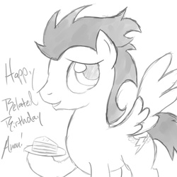 Size: 4608x4608 | Tagged: source needed, safe, artist:ms luna, soarin', g4, absurd resolution, birthday, happy birthday, hoof hold, looking at you, male, monochrome, pie, smiling, solo, that pony sure does love pies